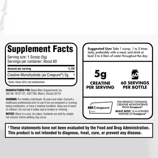 OEM private label supplement facts. Details 5g Creapure creatine monohydrate per serving, zero additives, 60 servings.
