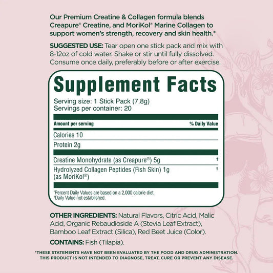 OEM private label supplement facts. 5g Creapure creatine and 1g MoriKol marine collagen per 7.8g stick pack serving.