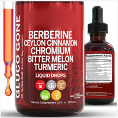 OEM private label berberine drops. 60ml bottle with supplement facts showing 110mcg Chromium and 100mg Cinnamon.