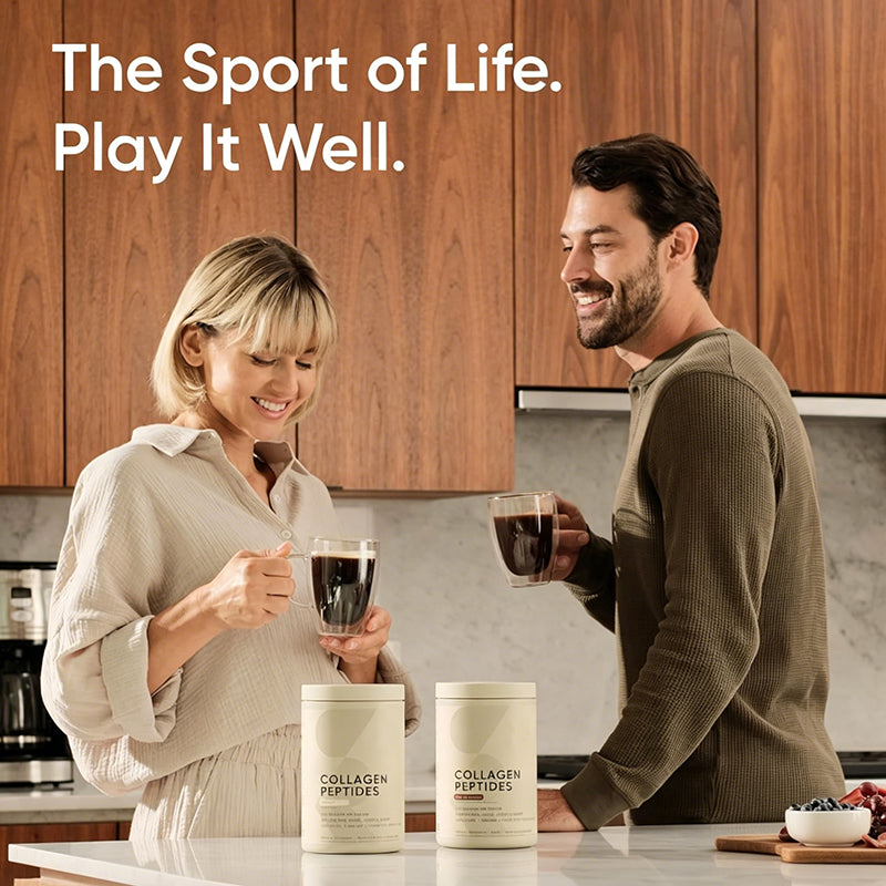 OEM private label collagen powder. Couple drinking coffee mixed with unflavored collagen peptides for daily joint support.