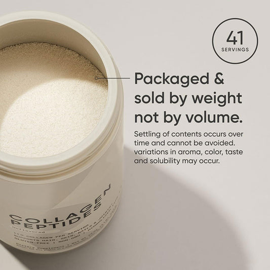 OEM private label collagen powder. Displays interior powder level, indicating product is packaged and sold by weight.