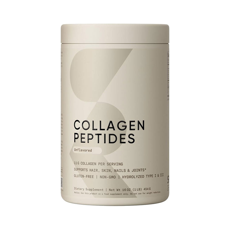 OEM private label collagen peptides powder. 454g canister showing 11g Type I & III hydrolyzed bovine collagen per serving.