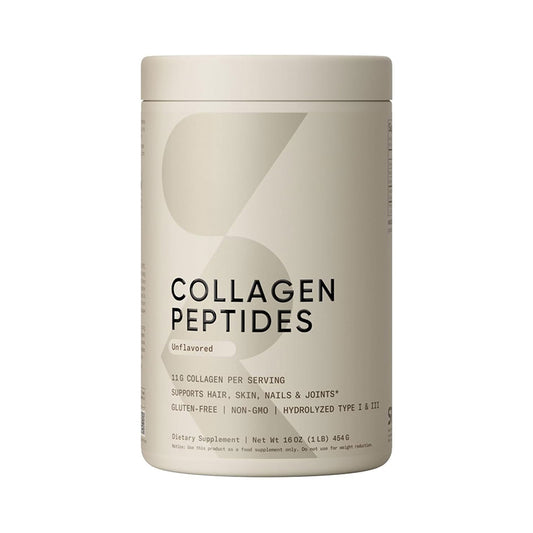 OEM private label collagen peptides powder. 454g canister showing 11g Type I & III hydrolyzed bovine collagen per serving.