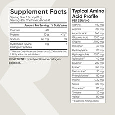 OEM private label supplement facts. Details 11g hydrolyzed bovine collagen and complete 18 amino acid profile per serving.