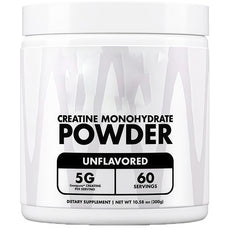 OEM private label creatine powder. Front packaging showing 5g unflavored Creapure monohydrate, 60 servings, 300g.