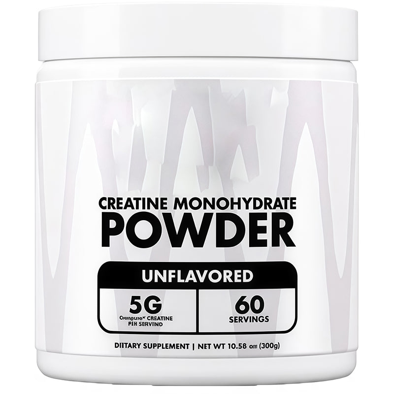 OEM private label creatine powder. Front packaging showing 5g unflavored Creapure monohydrate, 60 servings, 300g.