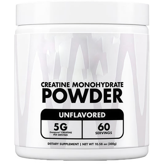 OEM private label creatine powder. Front packaging showing 5g unflavored Creapure monohydrate, 60 servings, 300g.