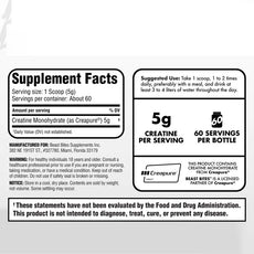 OEM private label supplement facts. Details 5g Creapure creatine monohydrate per serving, zero additives, 60 servings.