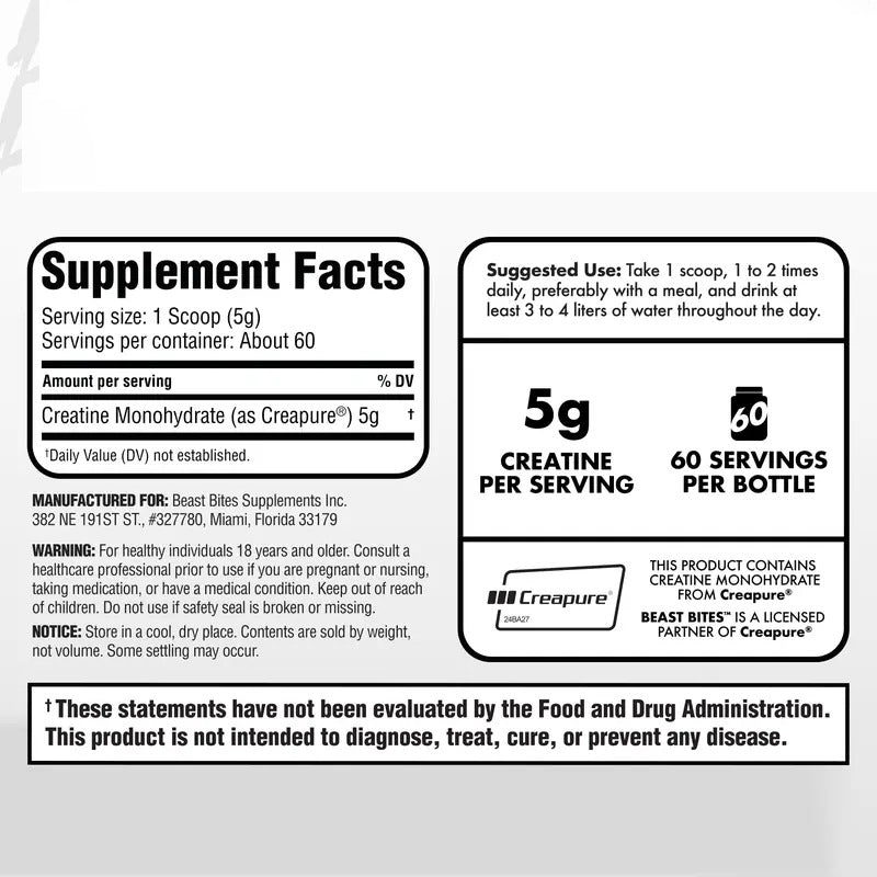 OEM private label supplement facts. Details 5g Creapure creatine monohydrate per serving, zero additives, 60 servings.