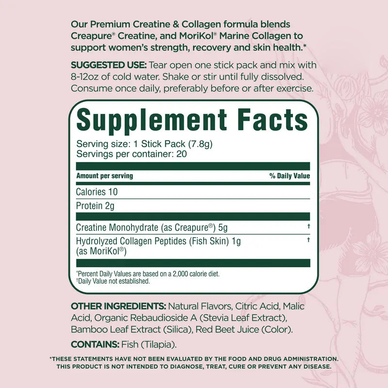 OEM private label supplement facts. 5g Creapure creatine and 1g MoriKol marine collagen per 7.8g stick pack serving.