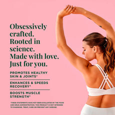 OEM private label creatine collagen powder. Woman stretching, highlighting healthy skin, joint, and muscle recovery.