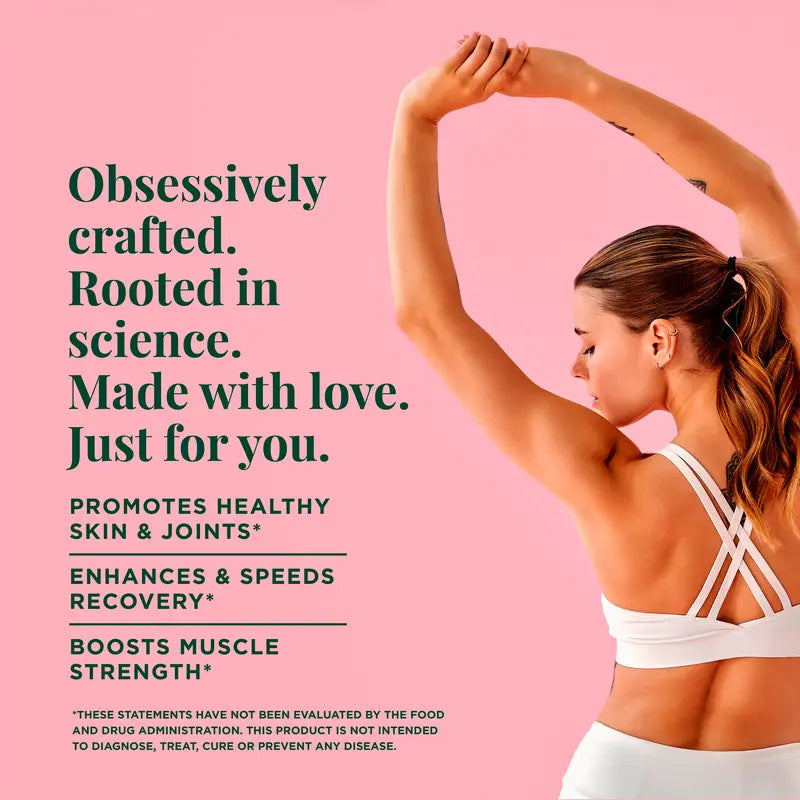 OEM private label creatine collagen powder. Woman stretching, highlighting healthy skin, joint, and muscle recovery.