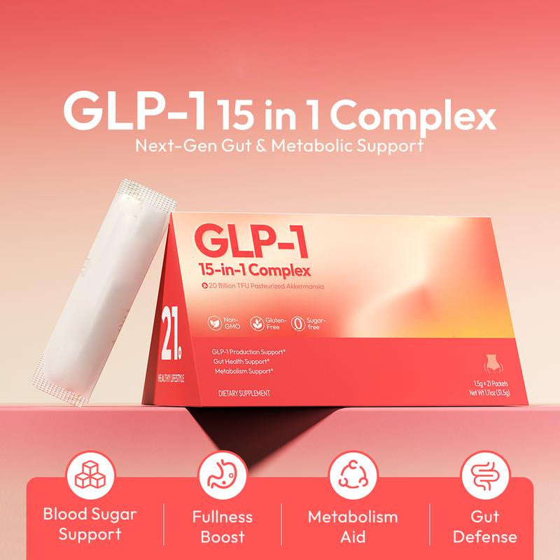 OEM private label GLP-1 Akkermansia powder. Box packaging displaying 15-in-1 complex, blood sugar and gut defense benefits.