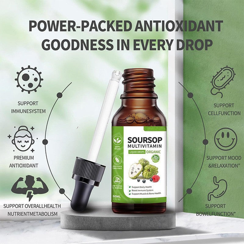 OEM private label graviola drops. Highlights active immune system defense, cellular health, and bowel function support.