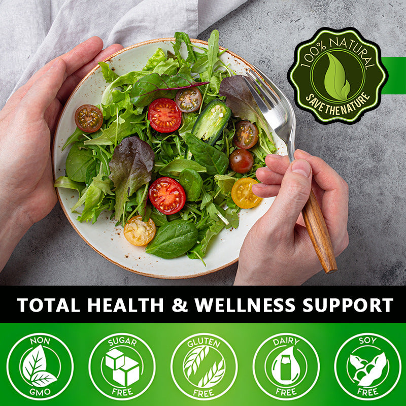 OEM private label chlorophyll. Hands holding salad, detailing Non-GMO, Sugar-Free, Gluten-Free, Dairy-Free, and Soy-Free.