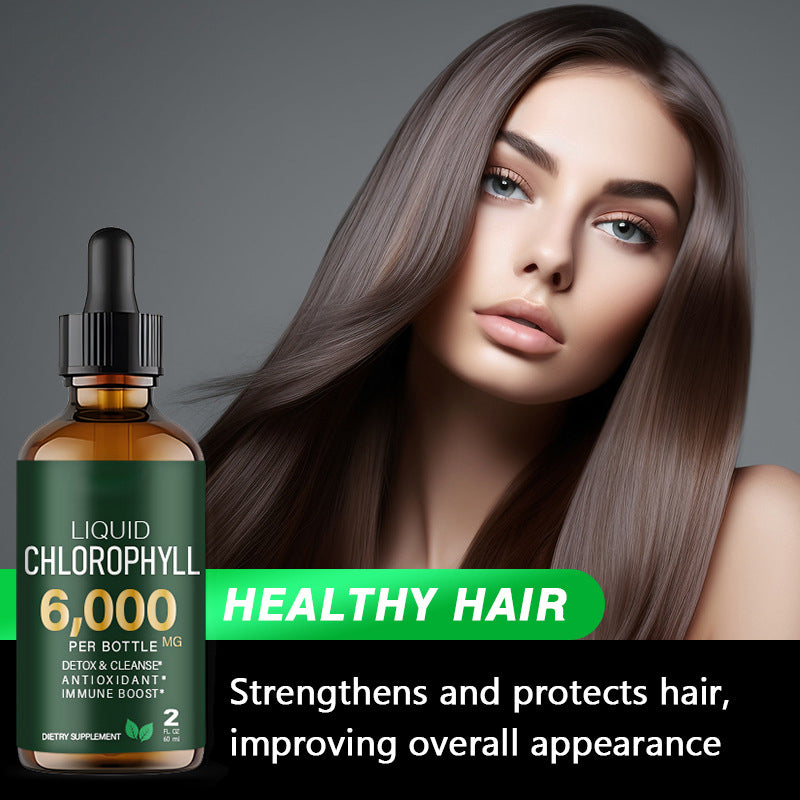 OEM private label chlorophyll drops. Woman demonstrating healthy hair, strengthening and improving overall appearance.