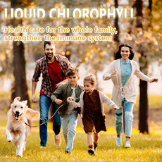 OEM private label liquid chlorophyll. Family running outdoors, emphasizing immune system health care for the whole family.