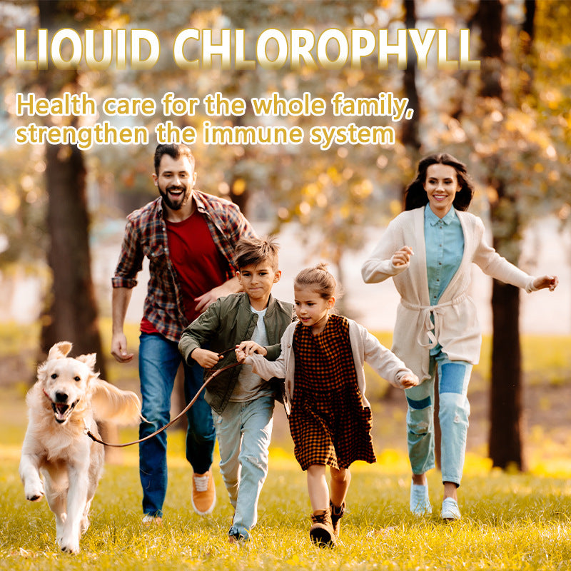 OEM private label liquid chlorophyll. Family running outdoors, emphasizing immune system health care for the whole family.