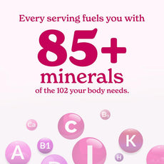 OEM women's Shilajit powder formula showing 85 trace minerals of the 102 body needs
