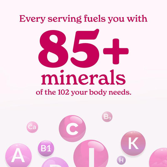 OEM women's Shilajit powder formula showing 85 trace minerals of the 102 body needs