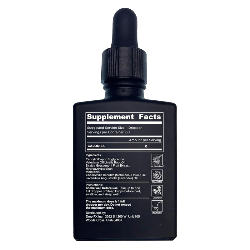 OEM private label sleep drops supplement facts. Details valerian root, chamomile, lavender, and melatonin active matrix.