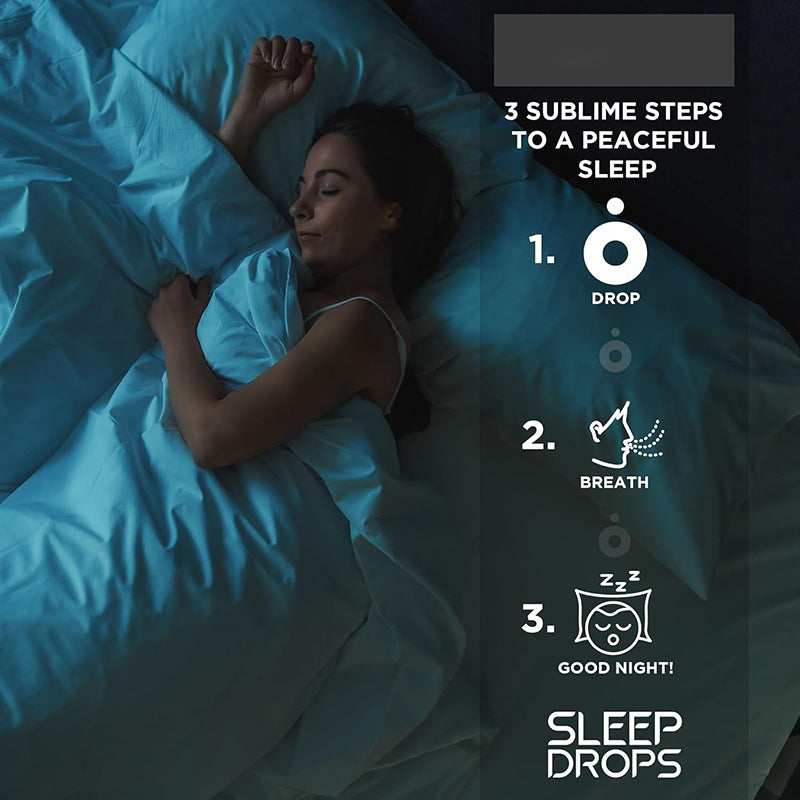 OEM private label sleep supplement. 3 steps to peaceful sleep: drop, breath, and good night for adult demographics.
