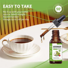 OEM private label soursop drops. Features a 98% absorption rate, demonstrating mixing up to 2ml into a teacup beverage.