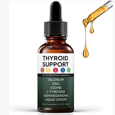 OEM private label thyroid support liquid drops. 120ml amber bottle displaying selenium, zinc, iodine, and ashwagandha formulation.
