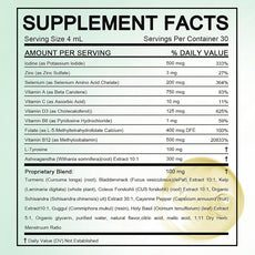 OEM private label supplement facts. Details 500mcg Iodine, 100mg L-Tyrosine, 300mg Ashwagandha per 4ml liquid serving.
