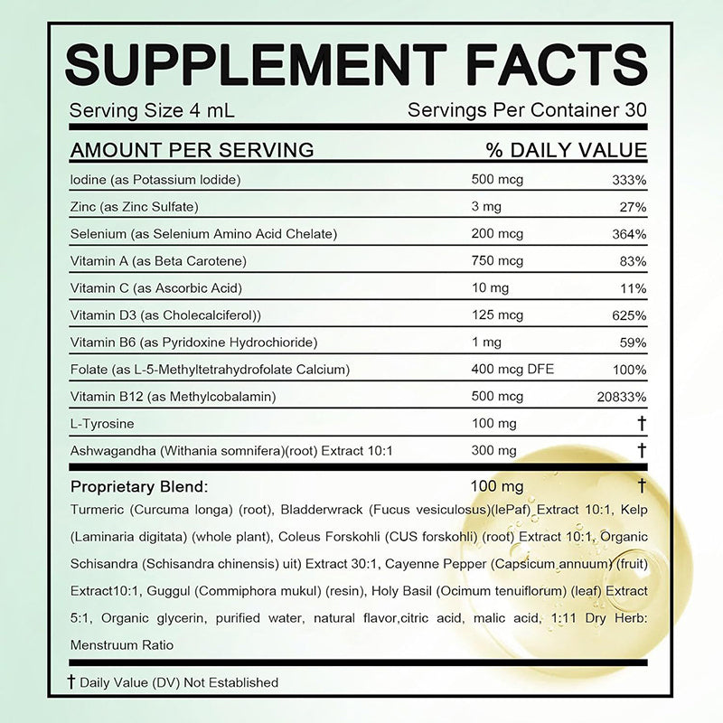 OEM private label supplement facts. Details 500mcg Iodine, 100mg L-Tyrosine, 300mg Ashwagandha per 4ml liquid serving.