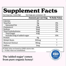 OEM Shilajit powder supplement facts label showing 300mg Shilajit 80mg Shatavari and 2mg Saffron