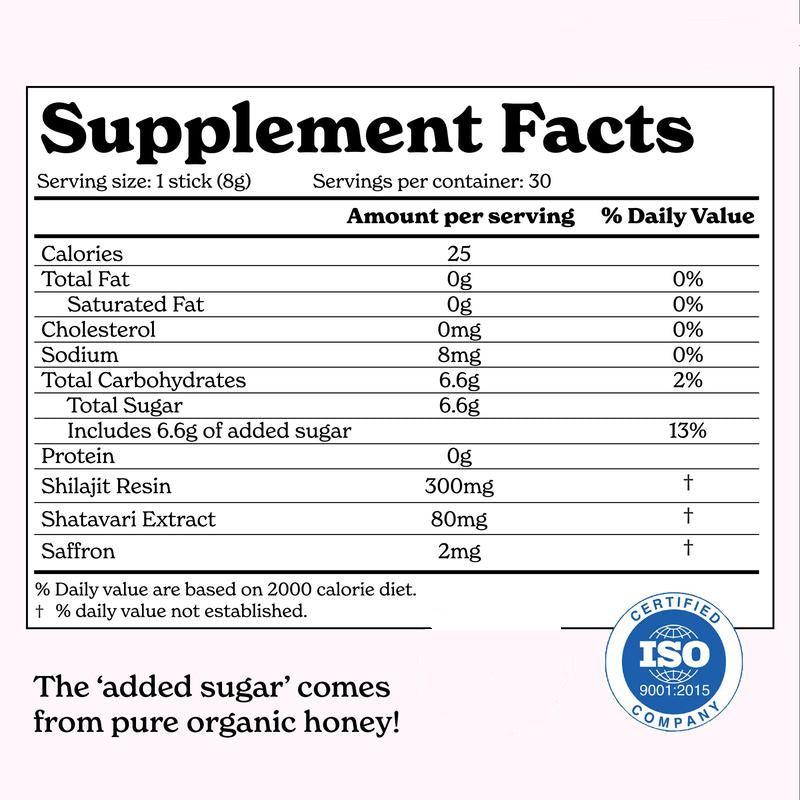 OEM Shilajit powder supplement facts label showing 300mg Shilajit 80mg Shatavari and 2mg Saffron